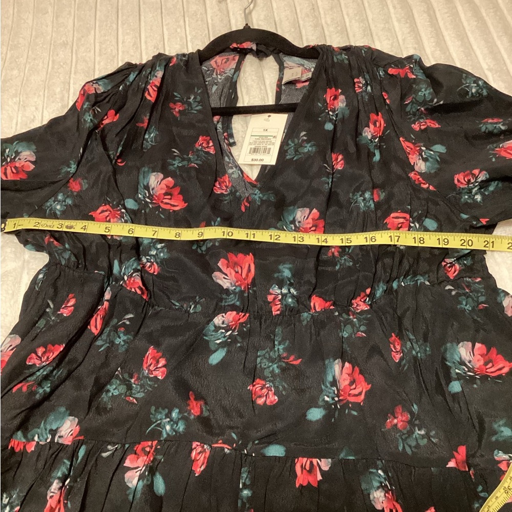 A New Day Floral V-Neck Long Sleeve Black Tiered Dress with Pink Rose Print NWT - Picture 7 of 9